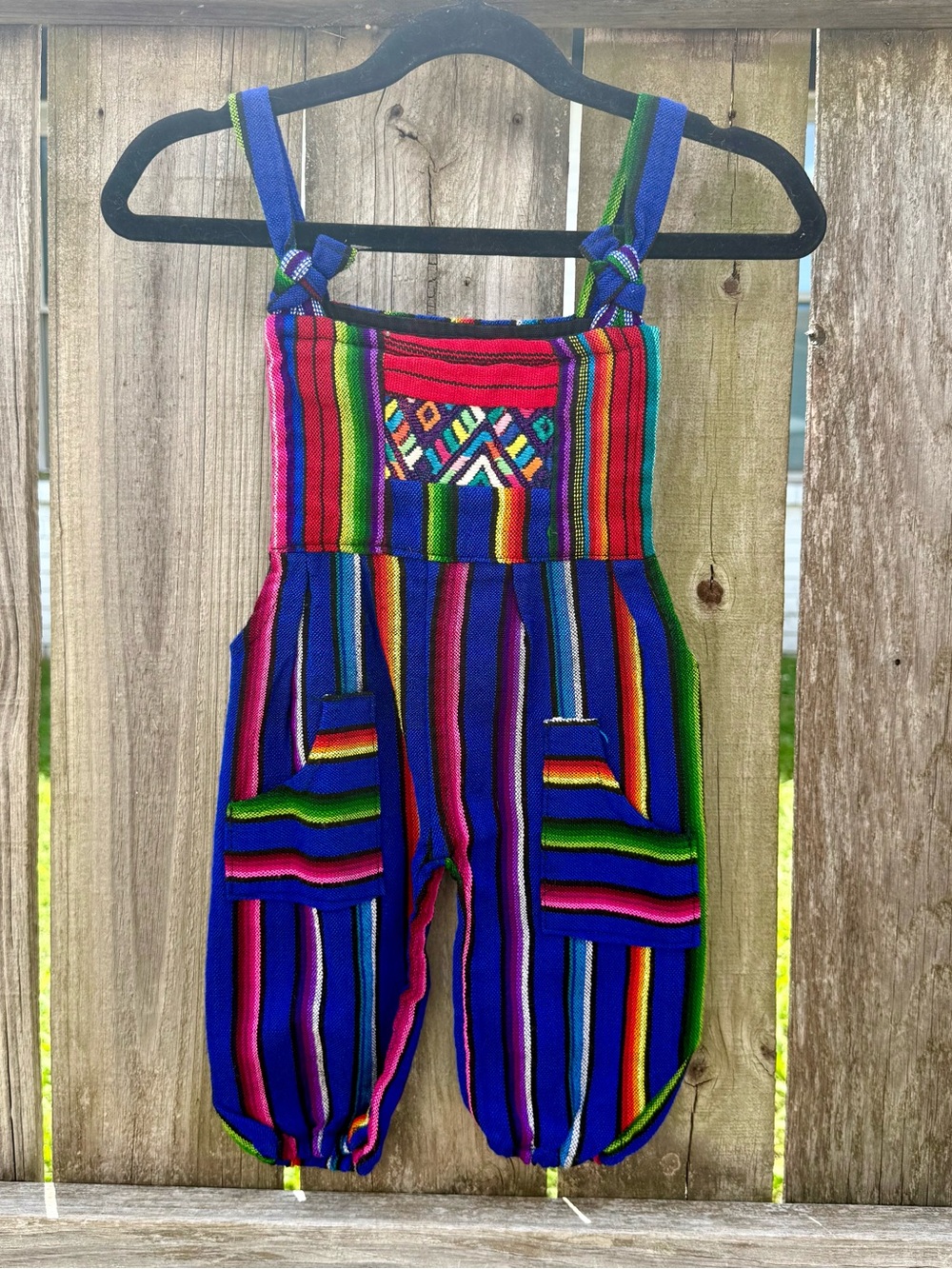 Kids Multicolor Striped Romper Jumpsuit - Bright Blue & Rainbow